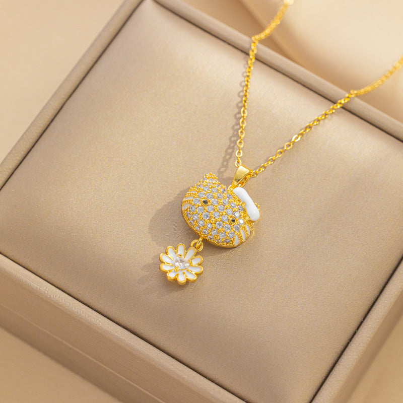 Collana con ciondolo di lusso a forma di gatto floreale da donna in acciaio al titanio con intarsi di strass su catena a O