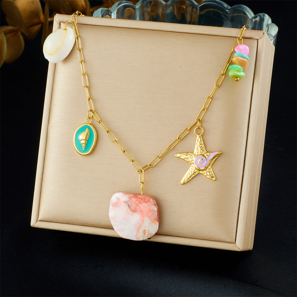 Sweet Gold Plated Drip Oil Starfish Shell Stainless Steel Necklace with Colorful Gemstones for Women