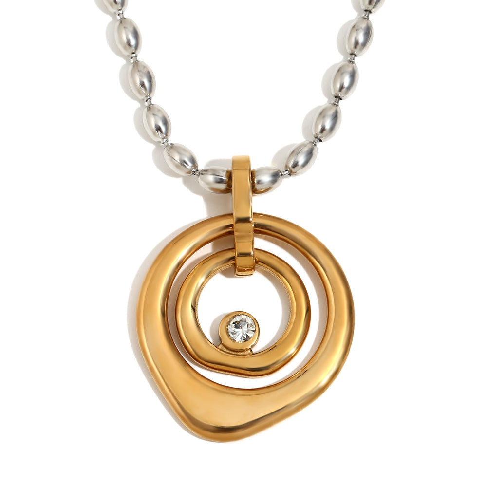 Minimalist Geometric Stainless Steel Pendant Necklace with 18K Gold Plating, Circular and Ring-Shaped Charms, Polished Round Beads, for Women