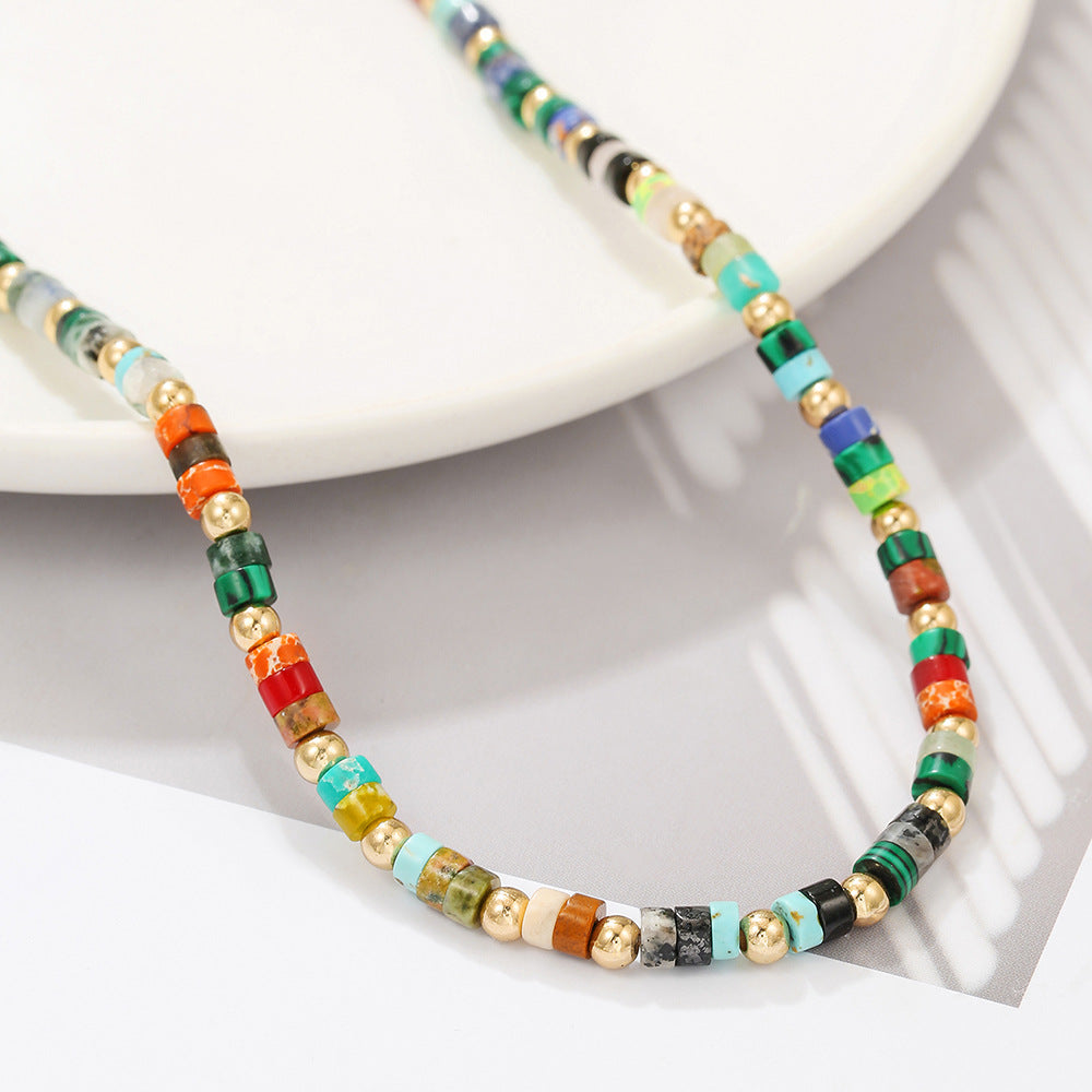 Minimalist Geometric Round Colorful Natural Gemstone Beaded Necklace Gold Plated Alloy Cable Chain for Women