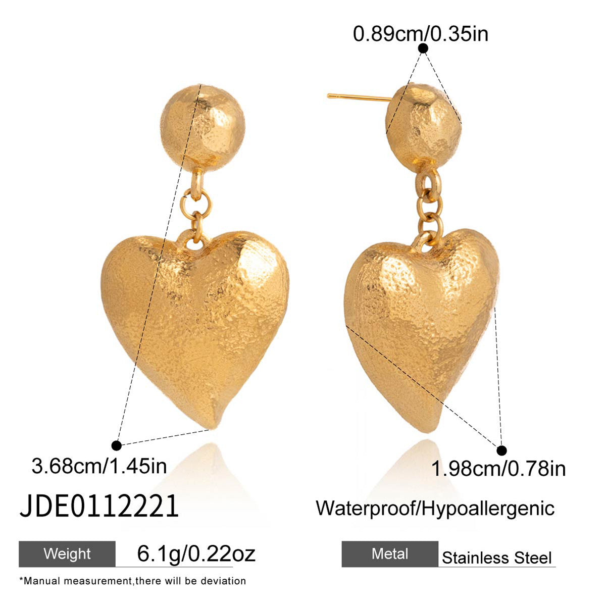 Heart Shaped Plated Stainless Steel Stud Earrings for Women