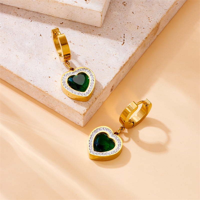Pendientes de acero inoxidable para mujer con forma de corazón y circonitas incrustadas, estilo minimalista