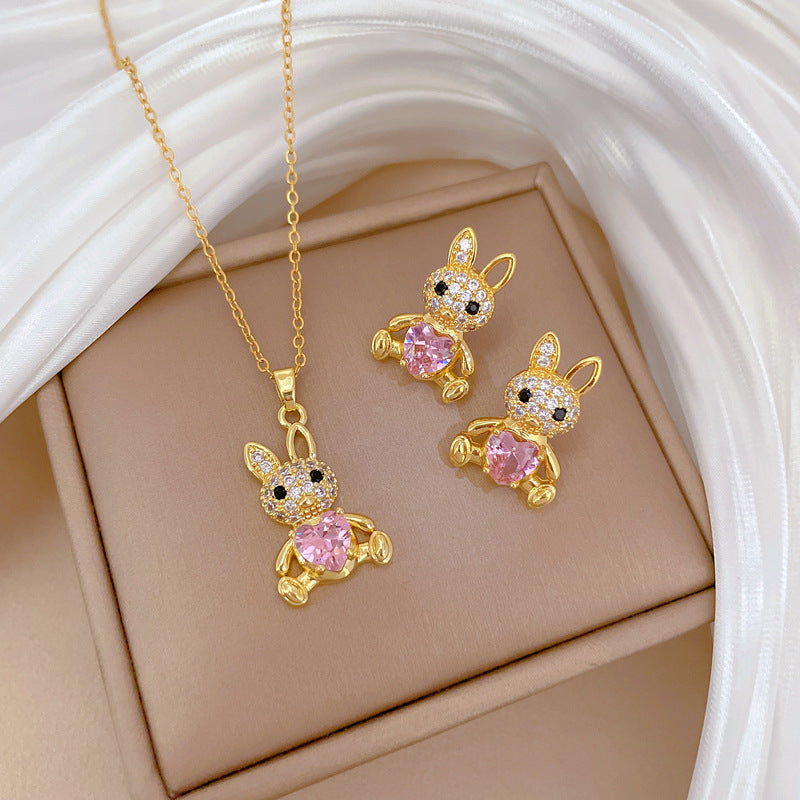 Sweet Elegant Geometric Rabbit Rhinestone Plated Titanium Steel Necklace and Earring Set for Women