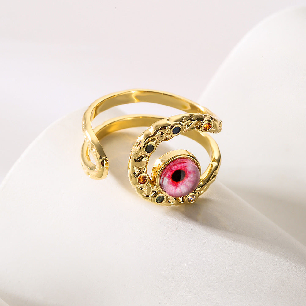Bohemian Evil Eye Open Ring for Women in Copper with Micro-Pave Setting Geometric Design