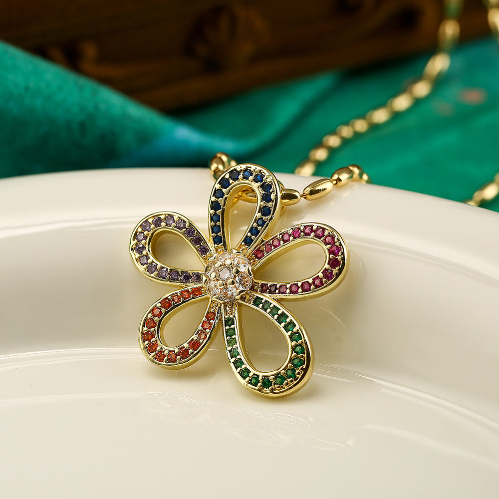 Collana con pendente a forma di fiore di mulino a vento geometrico irregolare minimalista da donna in rame con accenti di strass