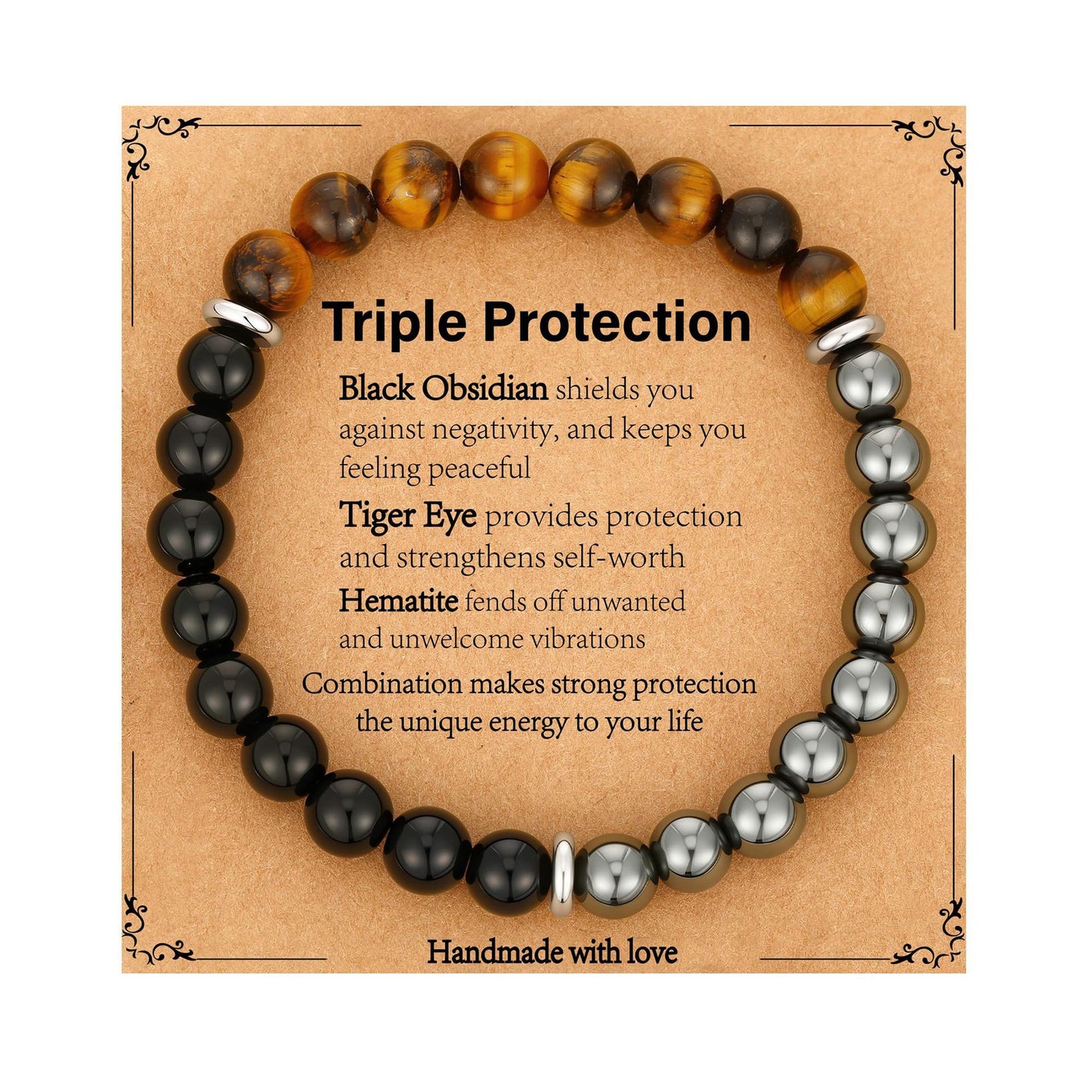 Minimalist 8mm Polished Tiger Eye and Obsidian Beaded Bracelet Unisex Elastic Cord