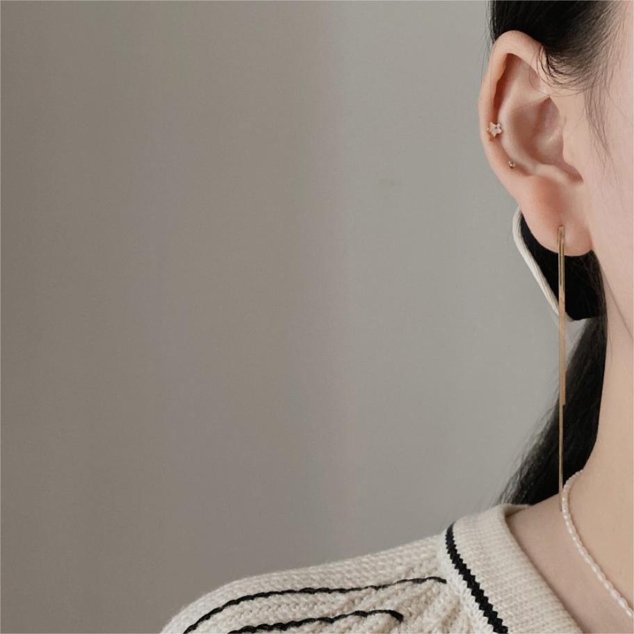 Pendientes Largos de Cadena Fina Minimalistas para Mujer de Plata de Ley 925 con Acento Geométrico de Cuentas y Acabado Pulido