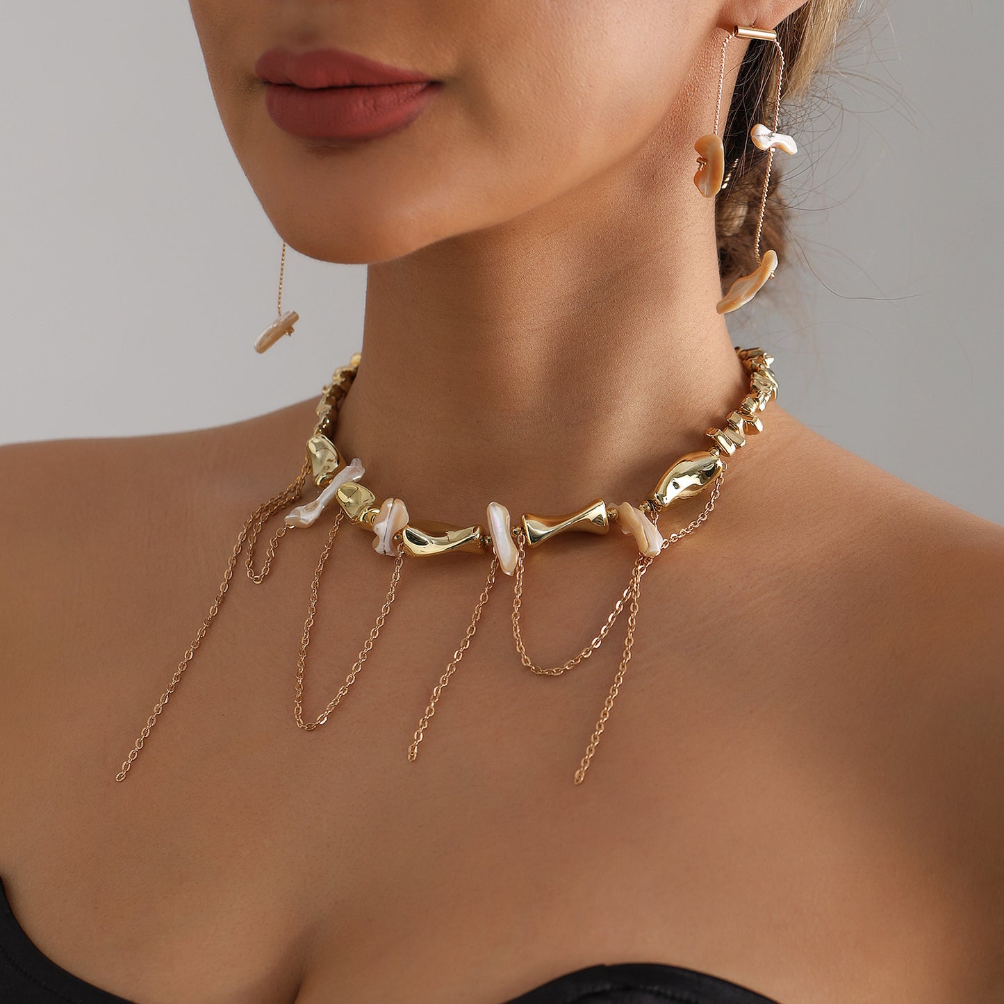 Fashion Geometric Alloy Plated Beaded Tassel Necklace with Shell Accents for Women