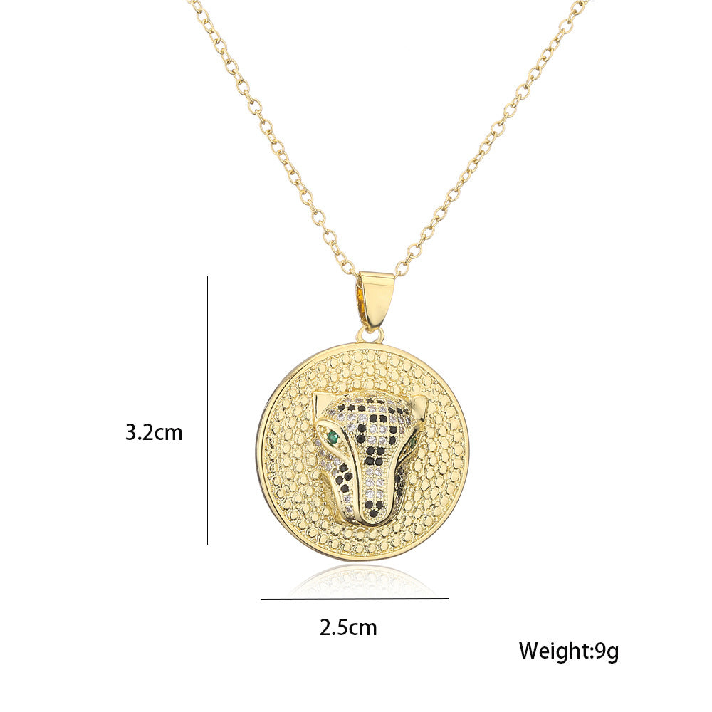 Personalized Geometric Leopard Head Micro-Inlaid Cubic Zirconia Brass Pendant Necklace with Cable Chain