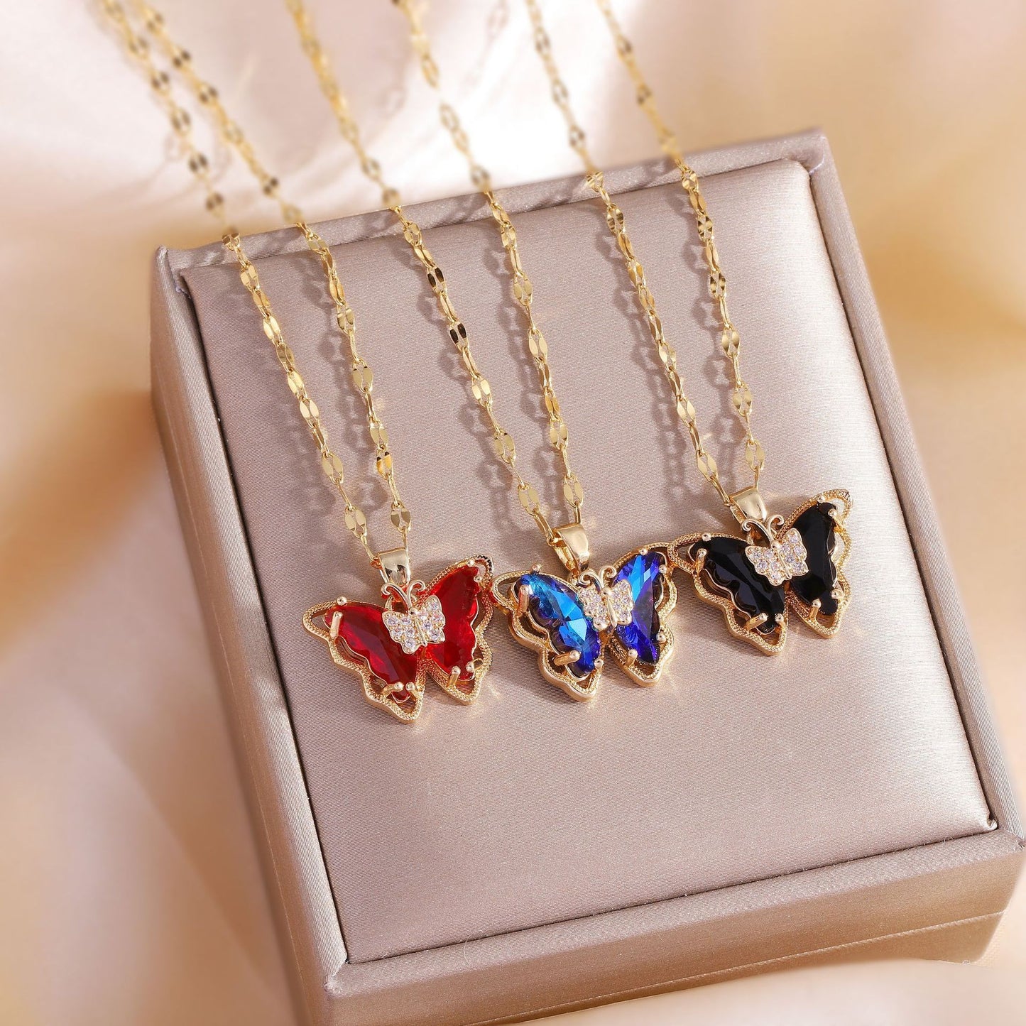 Minimalist Elegant Gold Plated Titanium Steel Butterfly Necklace with Crystal Inlay for Women