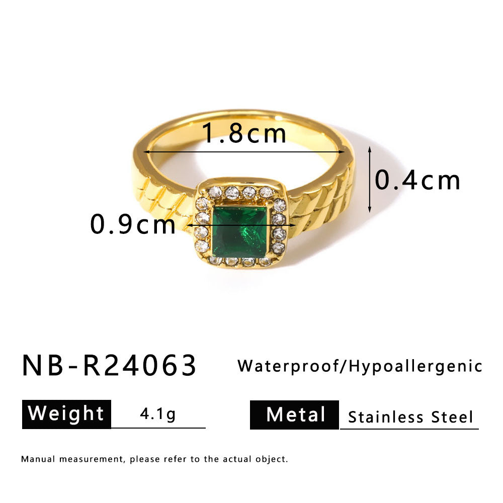 Anello geometrico minimalista da donna in acciaio inossidabile con intarsio di strass e placcatura sottovuoto in oro 18 carati