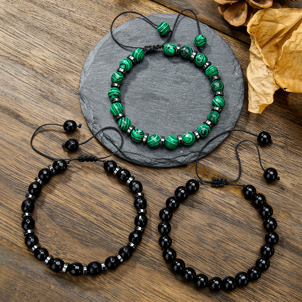 Bohemian Style Black Obsidian Green Peacock Stone Hand-Strung Bracelet with Geometric Round Beads for Beach and Surf