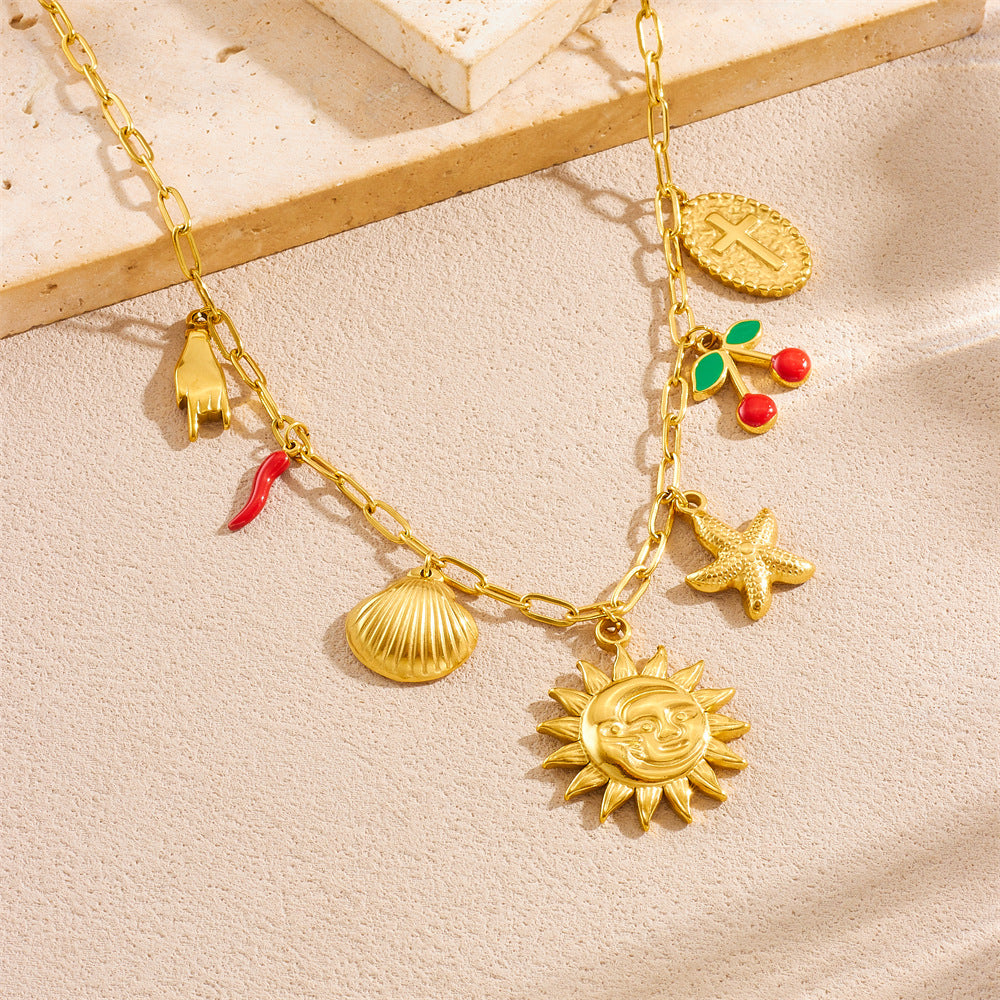 Streetwear Stainless Steel Plated Face Sun Chili Pepper Starfish Shell Cross Pendant Box Chain Necklace for Women