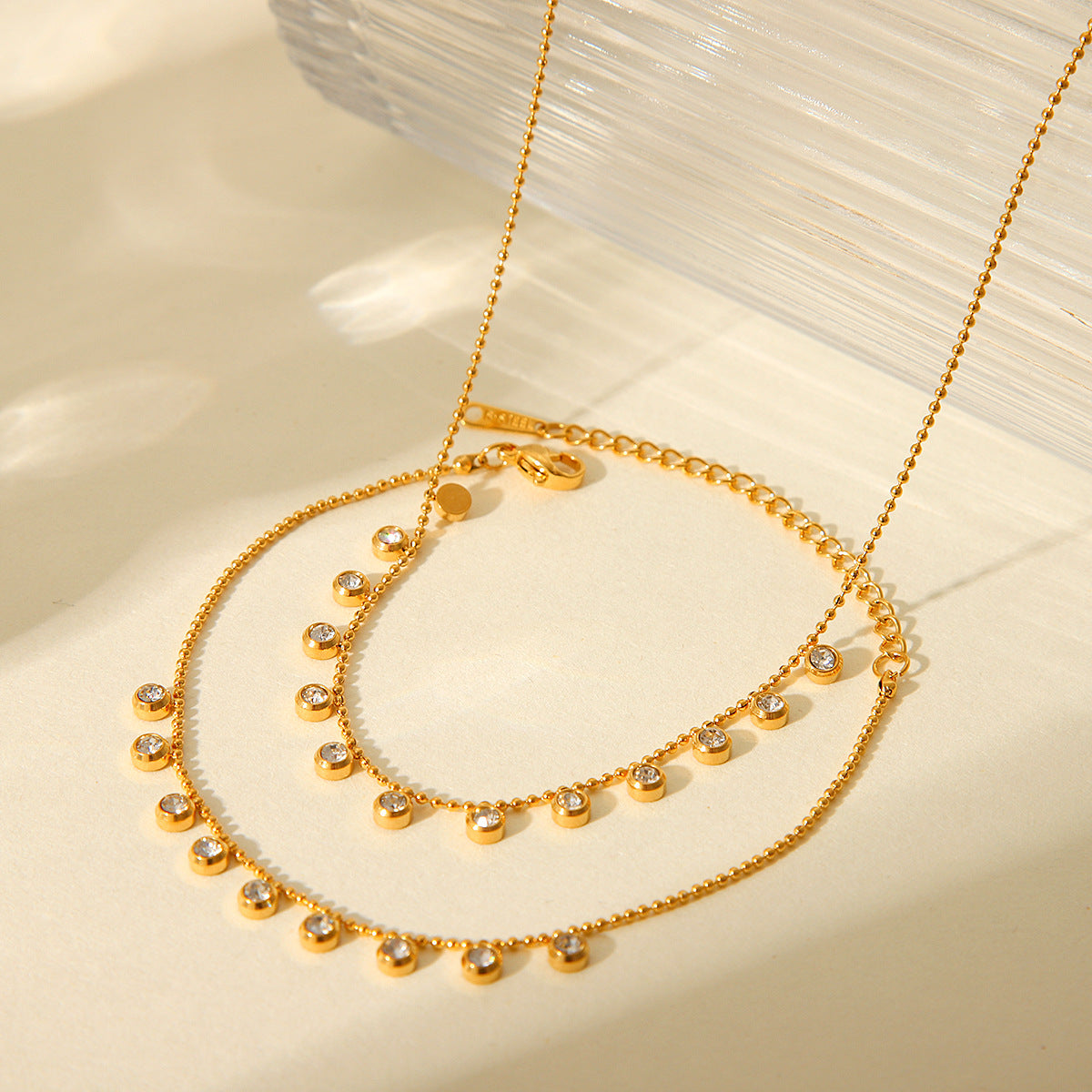Minimalist Geometric Stainless Steel Plated Pendant Necklace with Rhinestone Accents and Ball Chain for Women