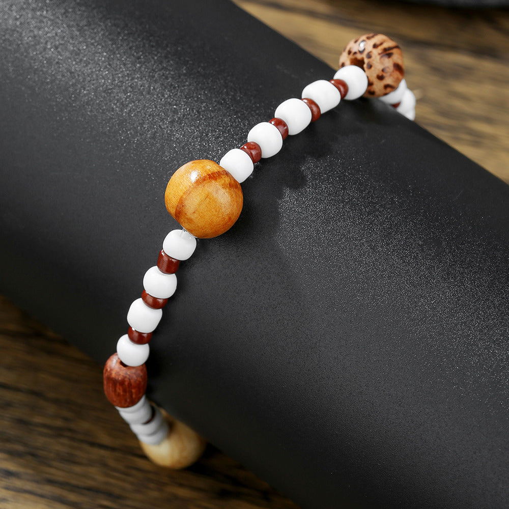 Unique Geometric Round Wood and Agate Beaded Bracelet for Women and Men
