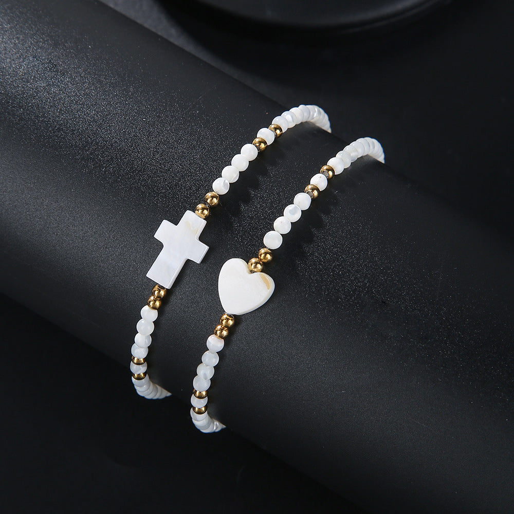 Handmade Shell Pearl Cross Heart Bracelet Set Stainless Steel Geometric Beach Jewelry