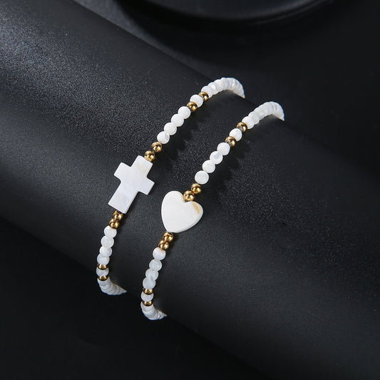 Handmade Shell Pearl Cross Heart Bracelet Set Stainless Steel Geometric Beach Jewelry