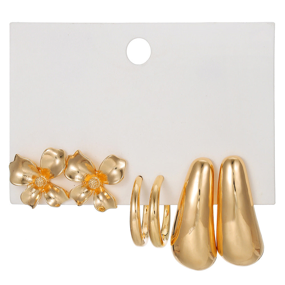 Vintage Floral Geometric Round Alloy Plated C-Shape Earrings Set