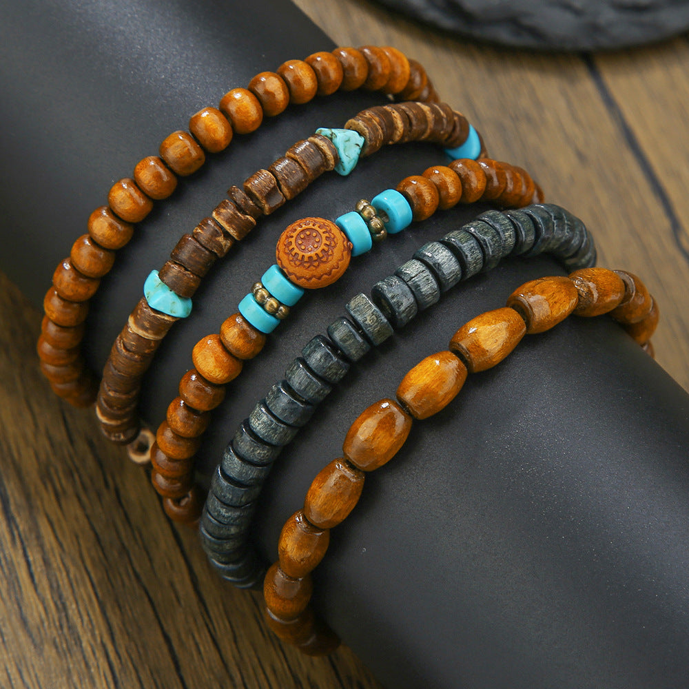 Vintage Minimalist Round Wood Turquoise Beaded Bracelet Set
