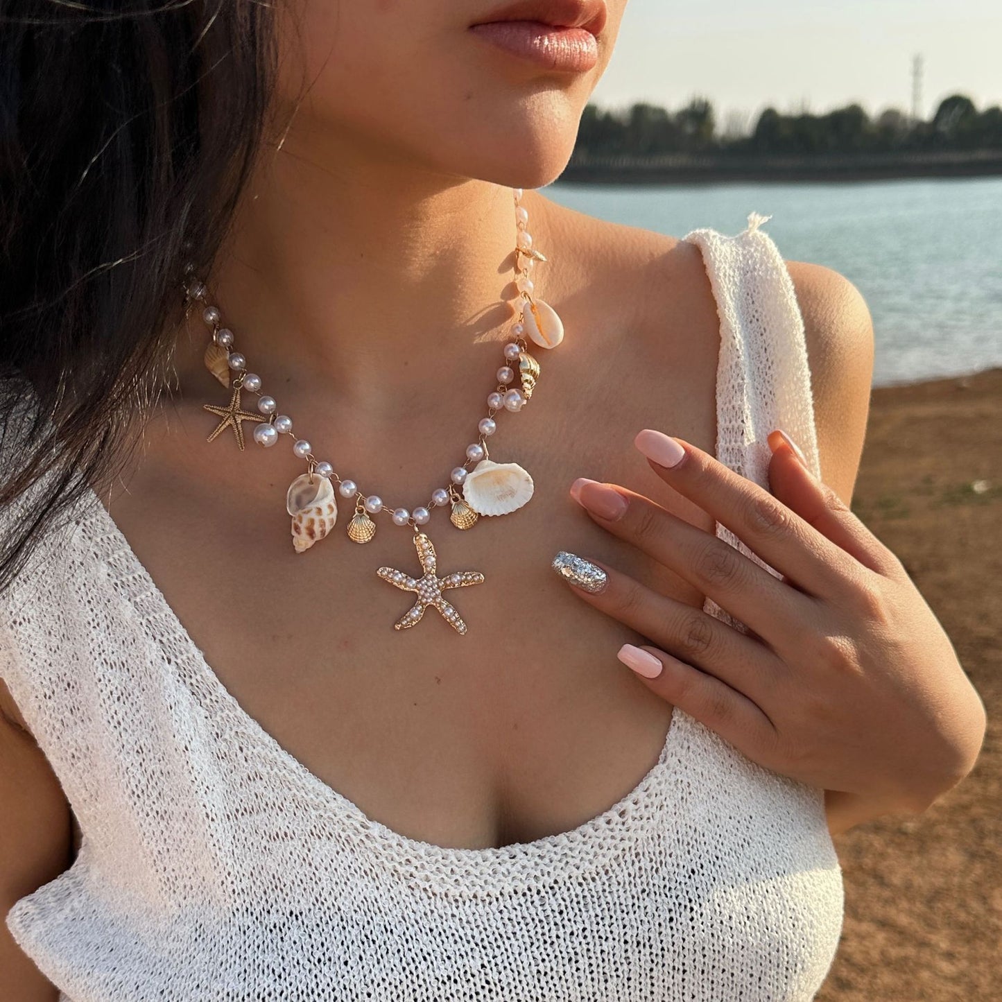 Collana Bohemien con Ciondolo in Lega a Concha e Stella Marina con Catena a Sfera per Donna