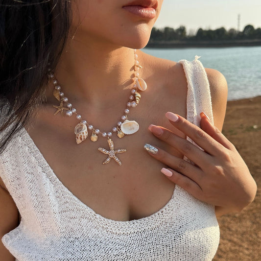 Collar bohemio de aleación con colgante de concha y estrella de mar con cadena de bolas para mujer