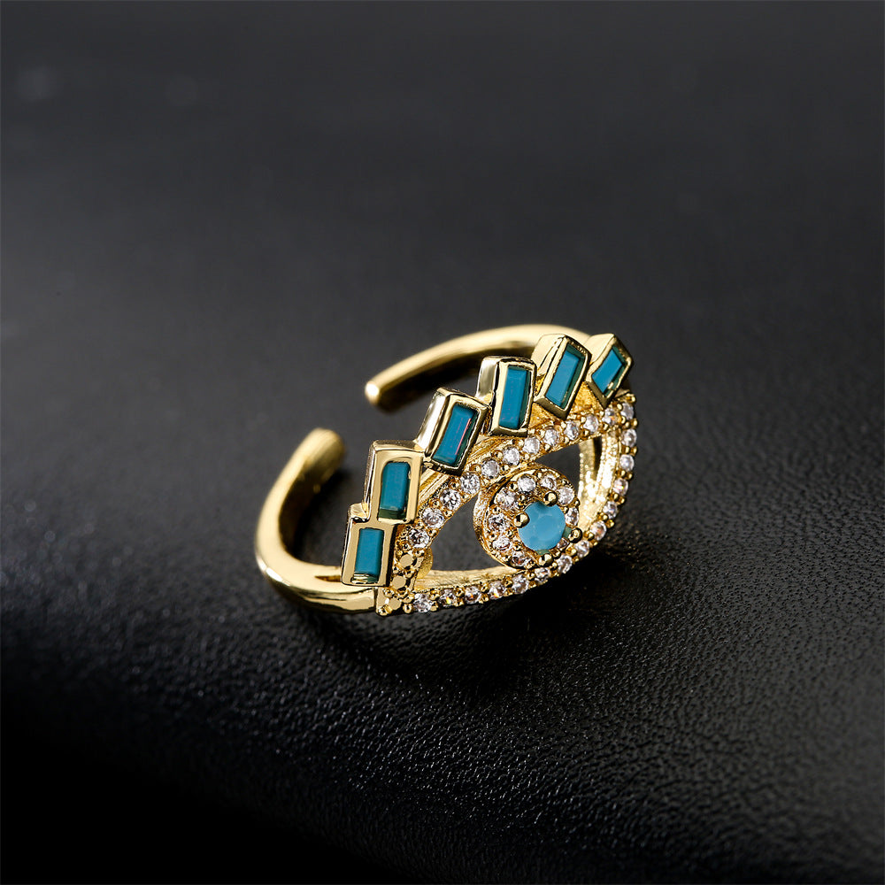 Geometric Micro-inlay Cubic Zirconia 18K Gold Plated Drip Oil Brass Ring for Women