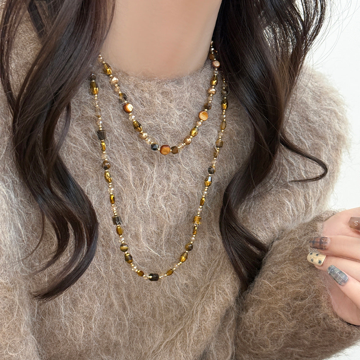 Collana pendente occhio di tigre in stile retrò con design geometrico da donna, catena a maglie color oro, accessorio minimalista di lusso