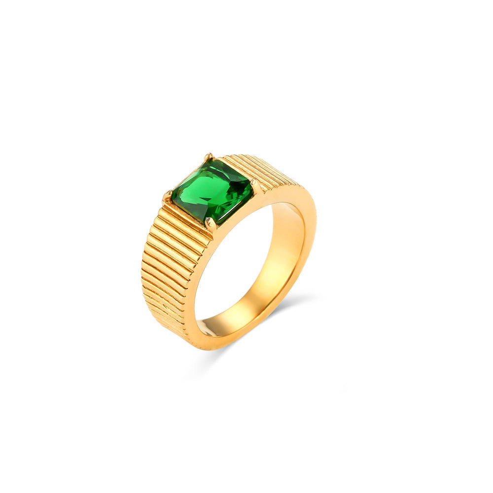 Fashionable Geometric Stainless Steel Ring for Women with Side Stripe Engraving and White Pink Green Rhinestone Accents