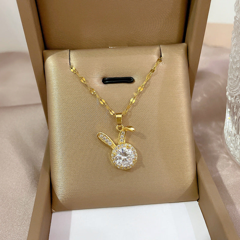 Minimalist Geometric Titanium Steel Necklace with Gold Plated Brass Pendant and Rhinestone Inlay