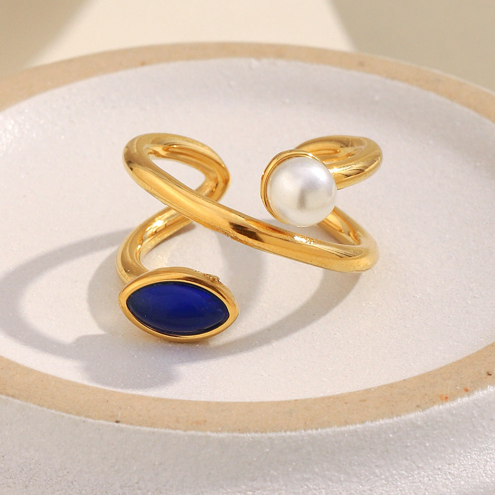 Anello Vintage di Lusso Asimmetrico Geometrico in Acciaio Inossidabile Placcato Oro 18K con Perla Sintetica e Accenti di Pietre Naturali