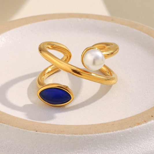 Vintage Luxury Asymmetrical Geometric Stainless Steel Ring with 18K Gold Plating and Simulated Pearl and Natural Stone Accents