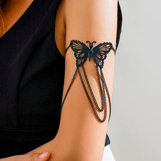 Punk Butterfly Plated Iron Arm Cuff with Tassel Chain for Women