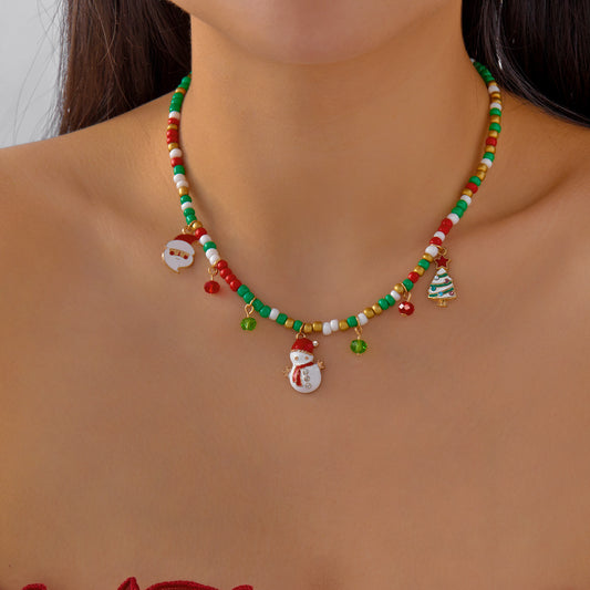 Collar de Moda Casual Navideño para Mujer con Dijes de Reno, Muñeco de Nieve y Campana Esmaltados en Cadena Estándar