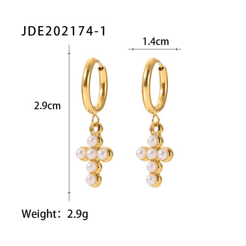 Elegant Cross Pearl Inlay Plated Stainless Steel Earrings for Women