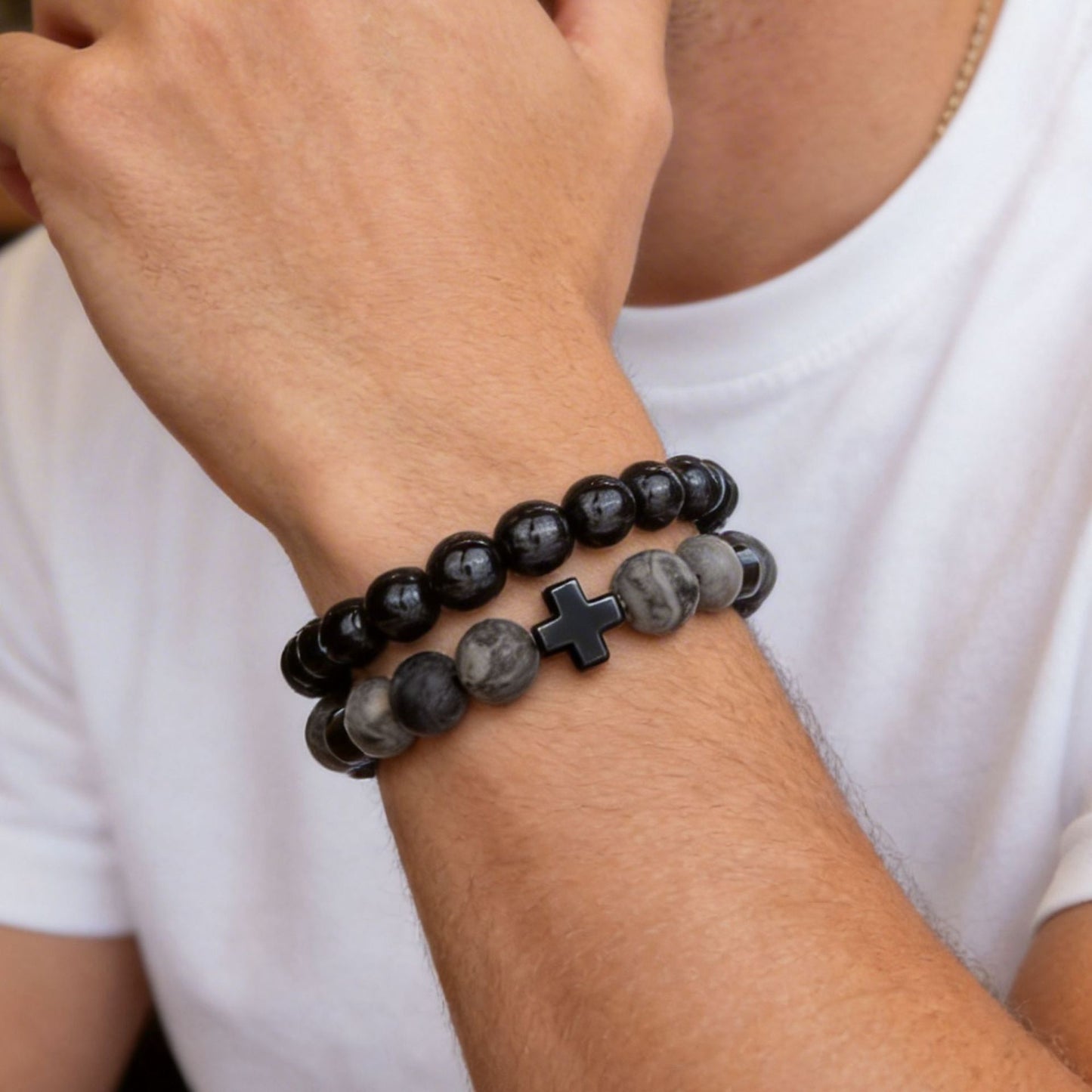 Minimalist Blue Dot Blue Tiger Eye Round Beaded Stretch Bracelet Set with Cubic Zirconia