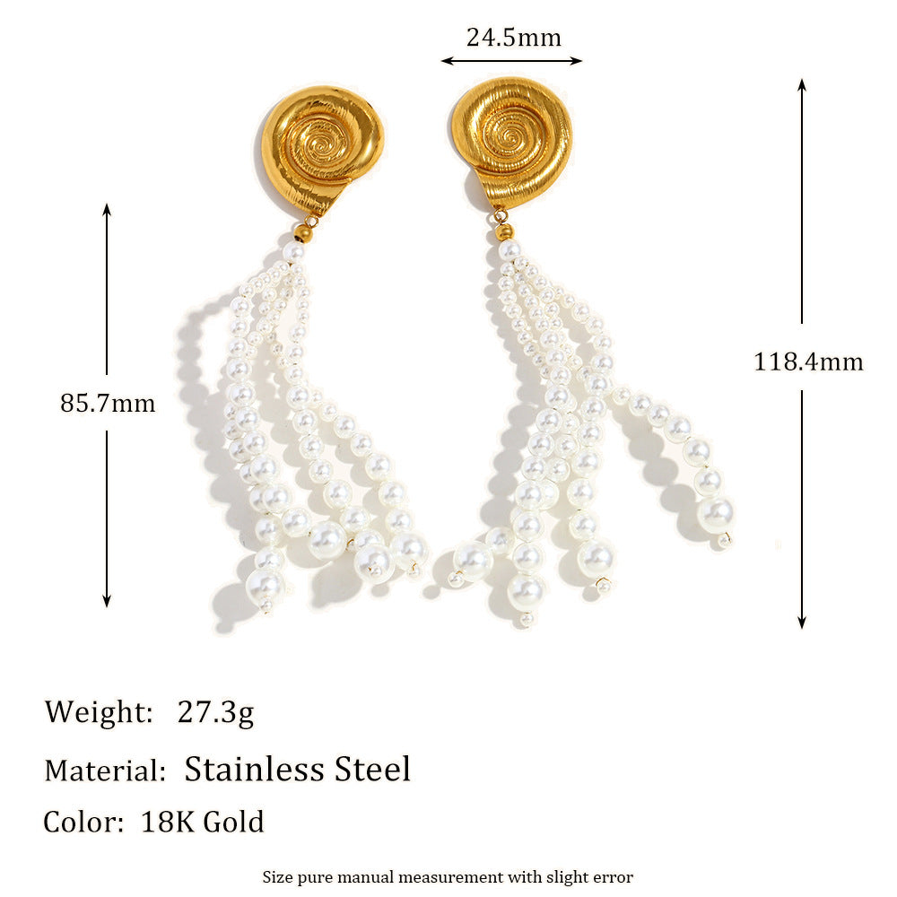 Fashion OL Geometric Stainless Steel 18K Gold Plated Imitation Pearl Tassel Shell Earrings for Women