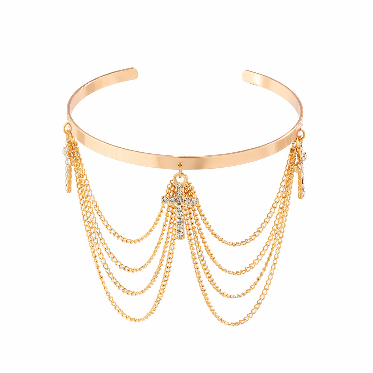 Bracciale a Polsino Vintage con Ciondolo a Croce Geometrica, Nappa e Dettaglio a Catena per Donne