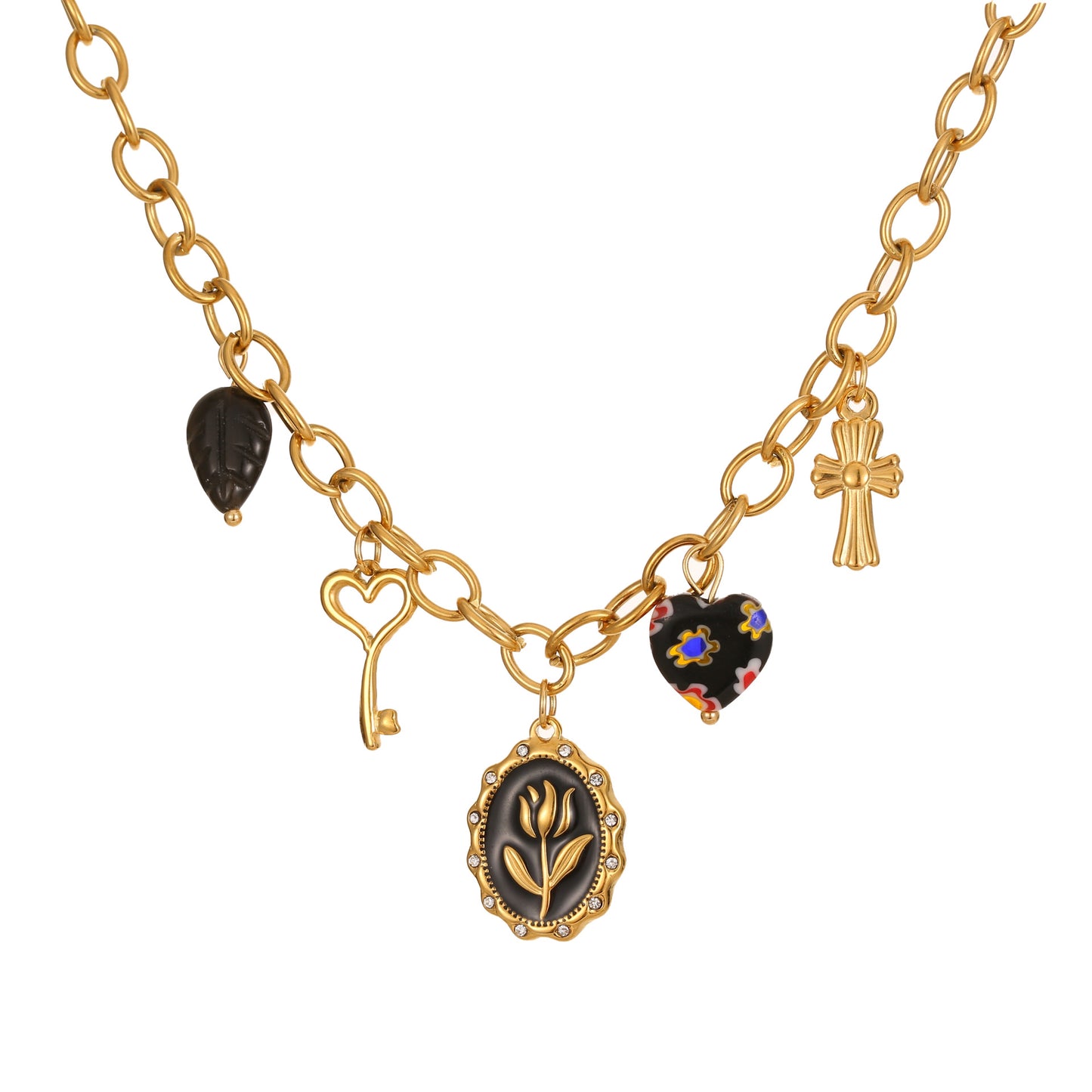 Fashionable Minimalist Black Enamel Floral Pendant Necklace in Stainless Steel for Women