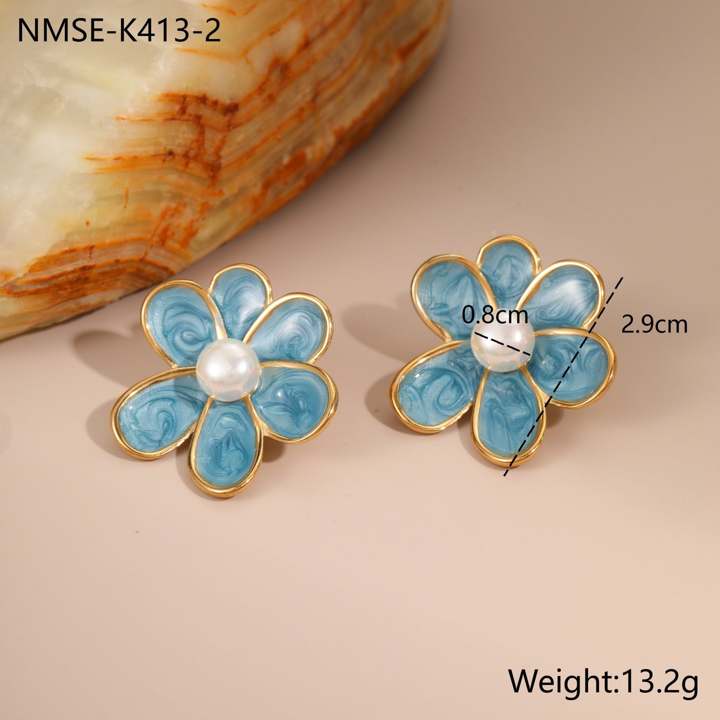 Vintage Floral Stainless Steel Earrings with Enamel Coloring and Pearl Inlay for Women