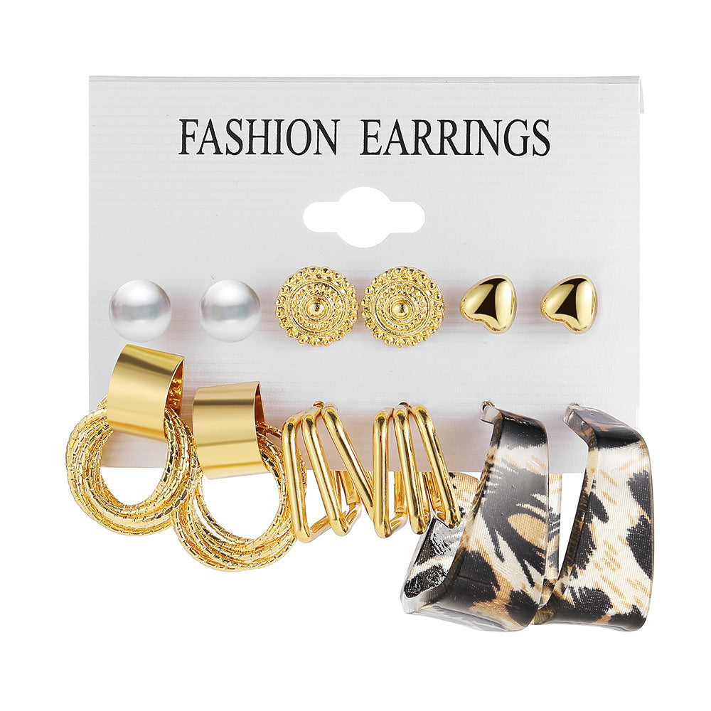 Vintage Square Geometric Heart Alloy Plated Earring Set with Pearl Inlay