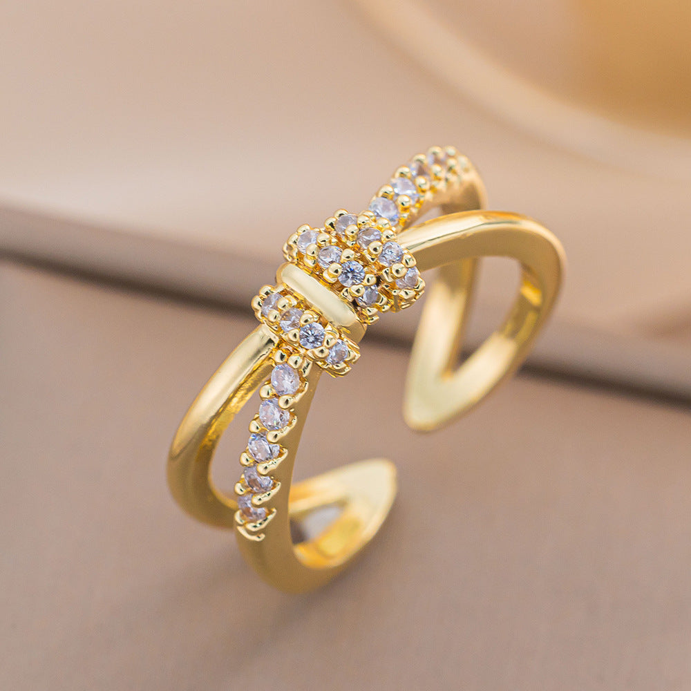 Luxury Minimalist Adjustable Open Ring for Women with Gold-Plated Copper Band and Zircon Stone Accent in Heart and Floral Shape