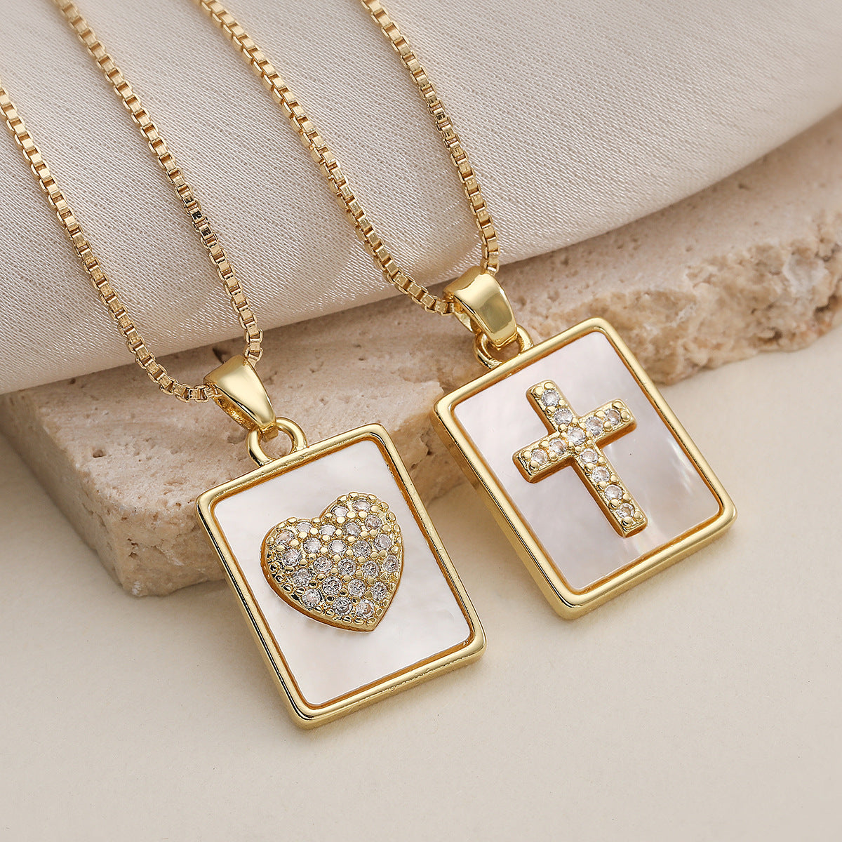 Minimalist 18K Gold Plated Brass Heart Cross Square Cubic Zirconia Pendant Necklace for Women