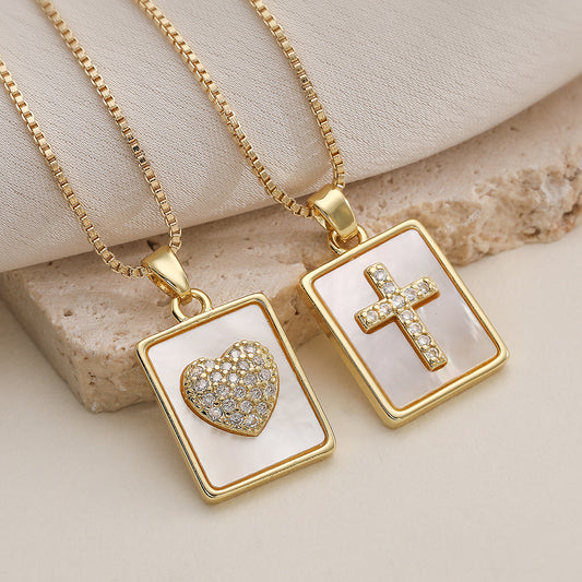 Minimalist 18K Gold Plated Brass Heart Cross Square Cubic Zirconia Pendant Necklace for Women