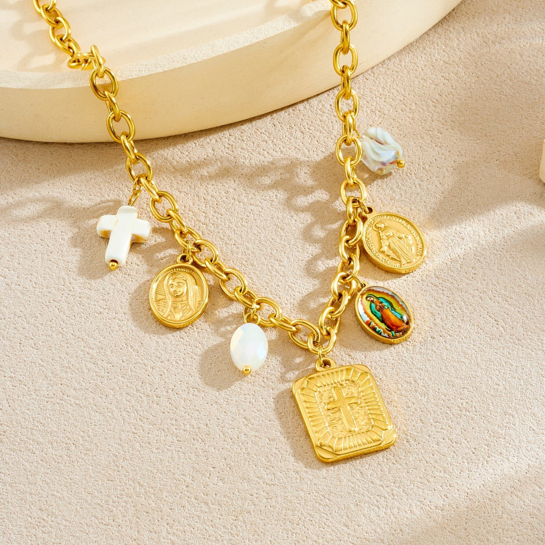 Vintage Elegant Gold Plated Stainless Steel Cross and Round Pendant Necklace Set with Cable Chain for Women