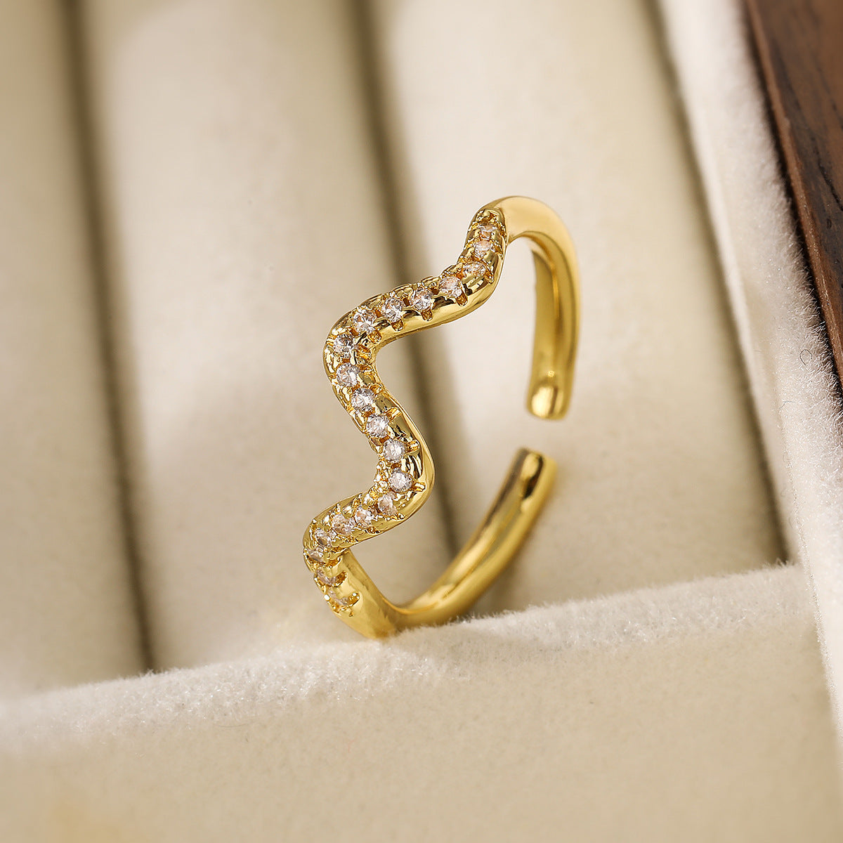 Minimalist Geometric Open Ring for Women in Brass with Real Gold Plating and Zircon Inlay