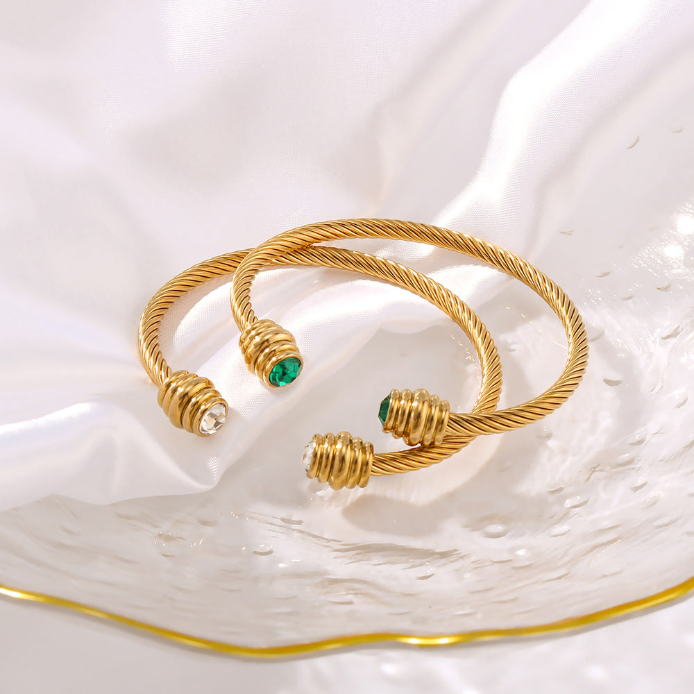 Minimalist Geometric Stainless Steel Bracelet with Zircon Inlay and 18K Gold Plating for Women