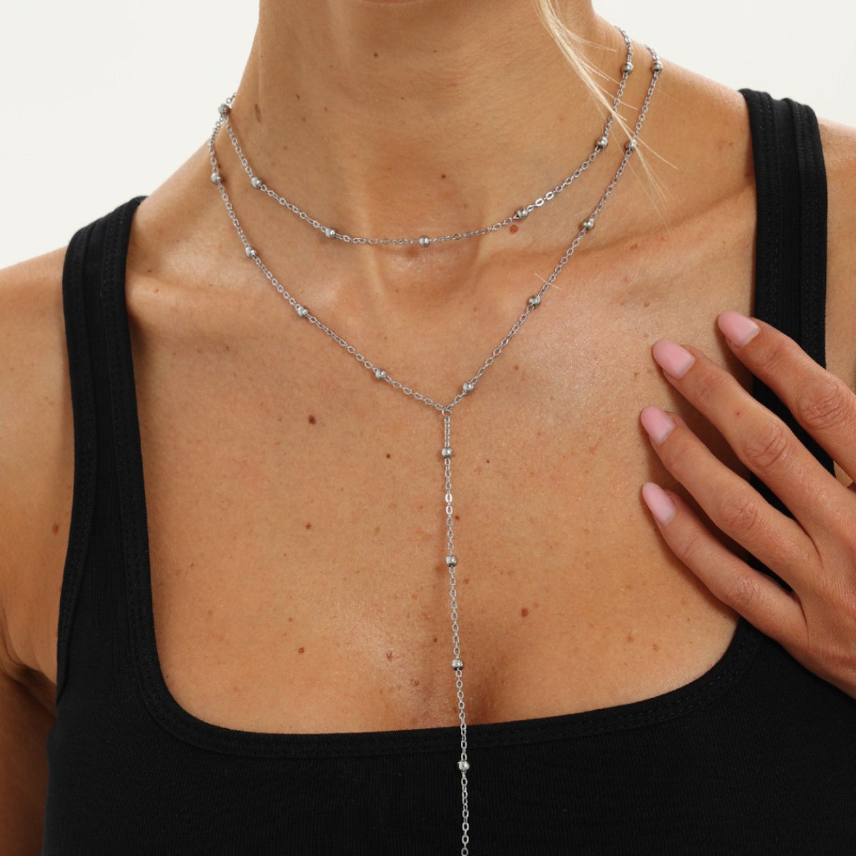 Minimalist 18K Gold Plated Stainless Steel Geometric Round Bead Tassel Y-Shape Necklace for Women