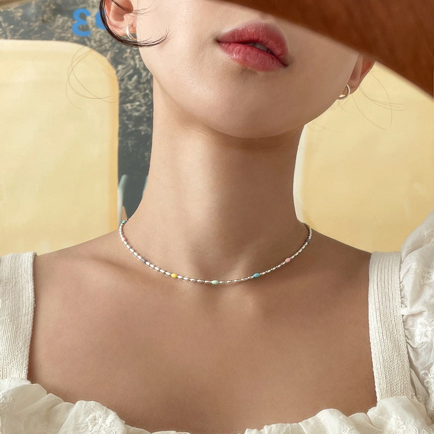 Minimalist Geometric Rainbow Olive Bead Necklace in 925 Sterling Silver with Snake Chain and Tulip Floral Accents