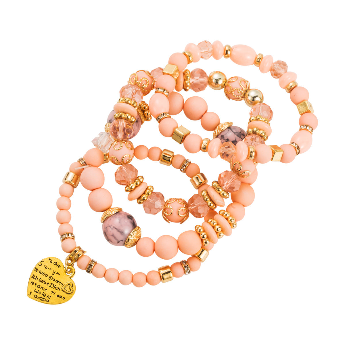 Bohemian Style Heart-Shaped Alloy Beaded Stretch Bracelet with Plated Finish