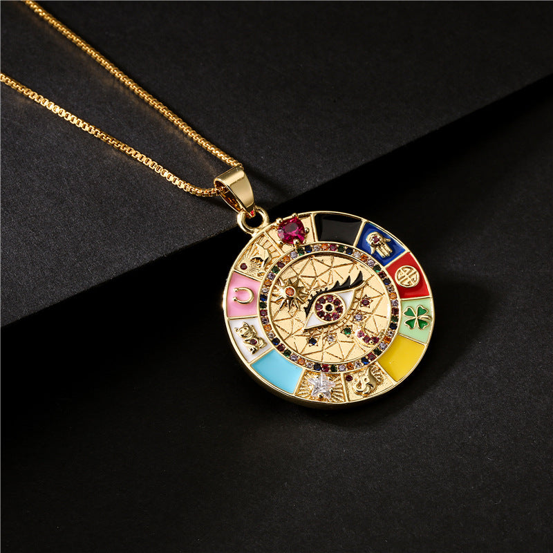 Collana pendente geometrica irregolare stile bohémien da donna con occhi in smalto e zirconi su catena a maglie in rame